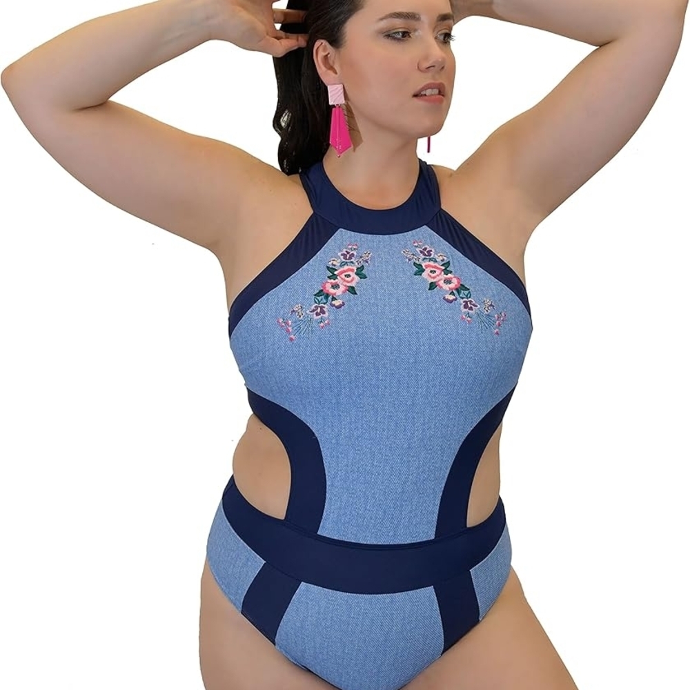 Navy Floral Embroidered One-Piece Swimsuit